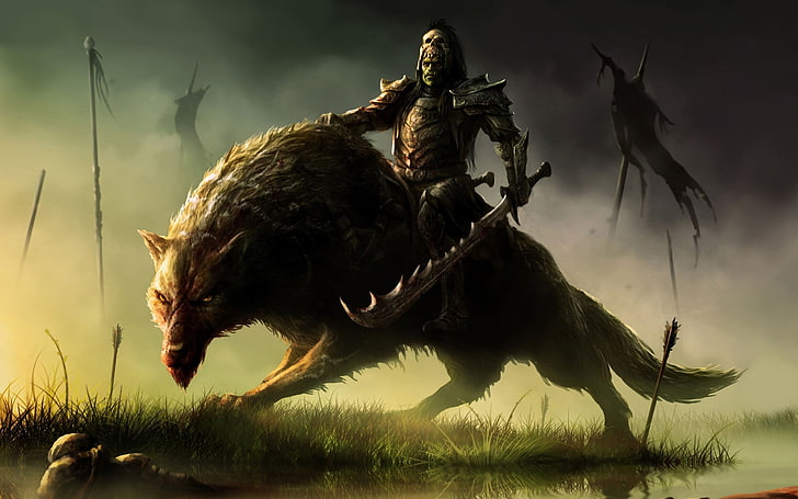 monster riding werewolf wallpaper, fantasy art, warrior, Battlefield