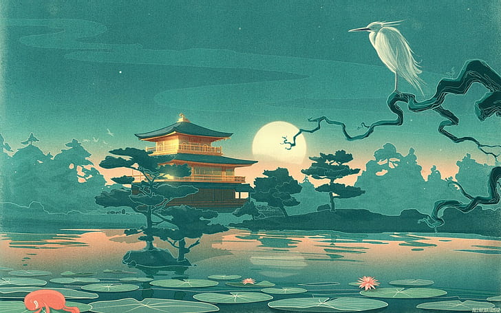 nature trees branch animals birds asian architecture house moon water lake leaves night stars water lilies artwork japanese drawing forest, HD wallpaper