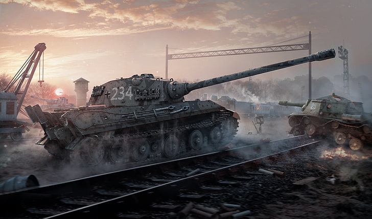battle tank illustration, Sunset, Clouds, Fog, Dust, Smoke, Train HD wallpaper