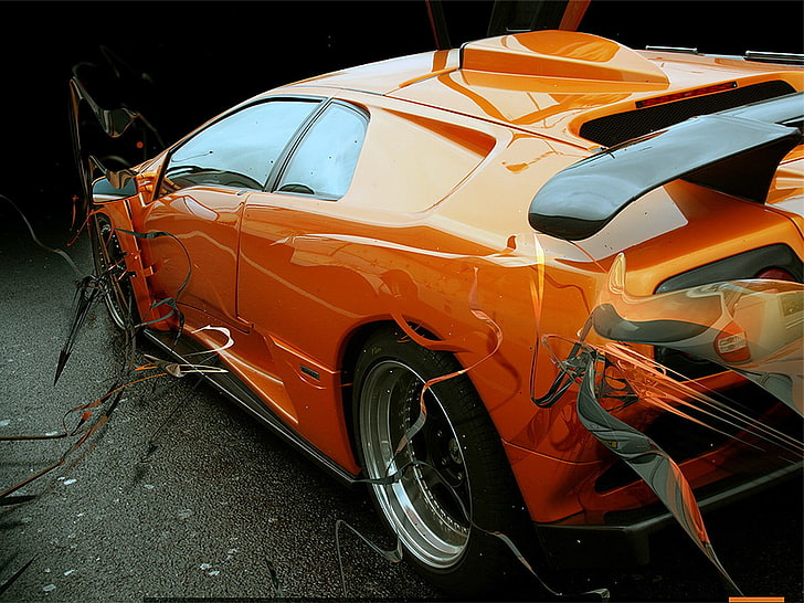 orange coupe, car, abstract, digital art, orange cars, vehicle, HD wallpaper