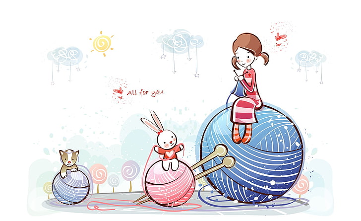 Cute Valentine Character, girl sitting on giant ball yarn clip art