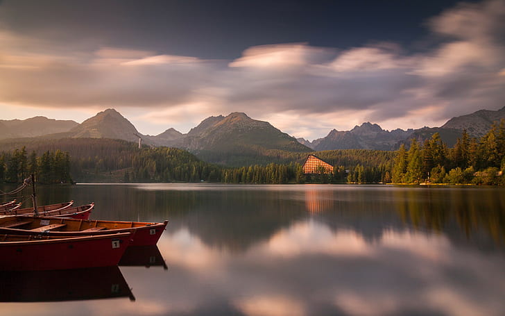 landscape, mountains, boat, trees, lake, clouds, house, sky, HD wallpaper