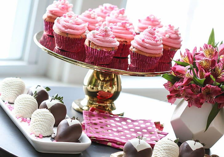 pink cupcakes in brass metal tray, strawberries, shari, strawberries, shari
