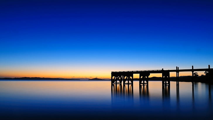 photography, water, reflection, pier, dusk, HD wallpaper