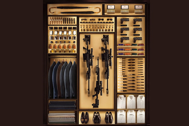 wardrobe with umbrella, clothes, guns, knives, and shoes, adventure
