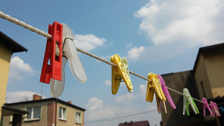 clothespin, hanging, low angle view, clothesline, sky, no people
