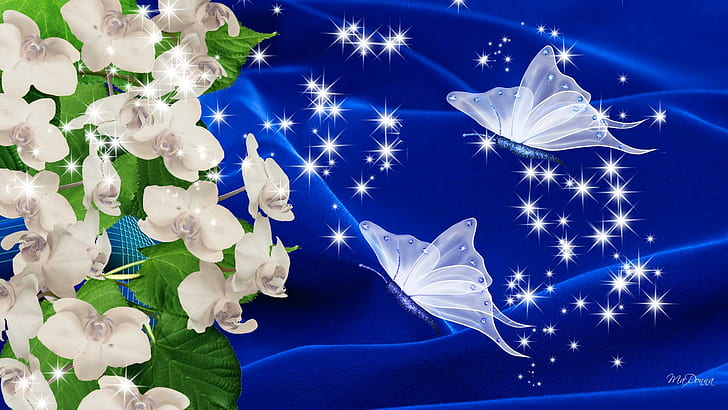 Silk Butterflies Orchids On Blue Velvet, delicate, stars, elegant, HD wallpaper