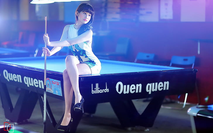 Girl on pool table, cue, sport