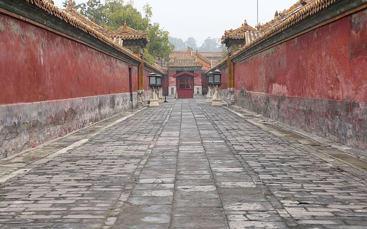 red metal gate, entrance, door, path, building, china, asia, architecture, HD wallpaper