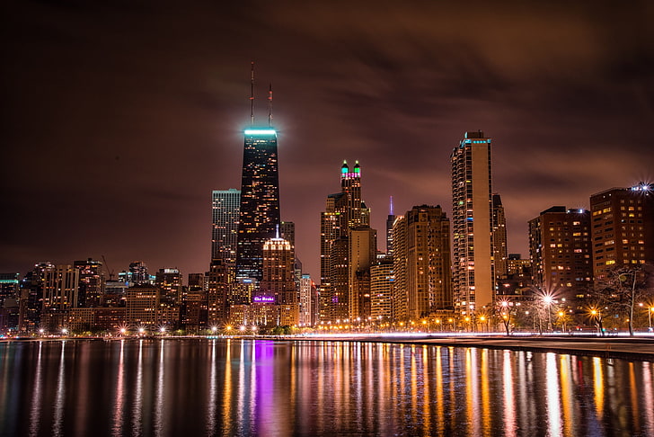 city, reflection, skyscraper, city lights, water, Chicago, building exterior, HD wallpaper