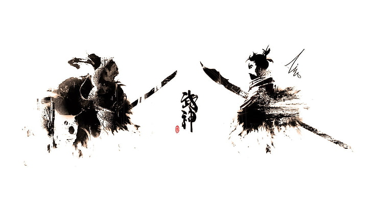 Samurai Ink-Splatter, Aero, White, ninja, fighting, japan, inksplatter, HD wallpaper