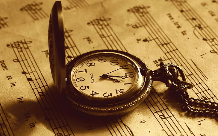 clocks, musical notes, paper, sepia, vintage, time, watch, instrument of time, HD wallpaper