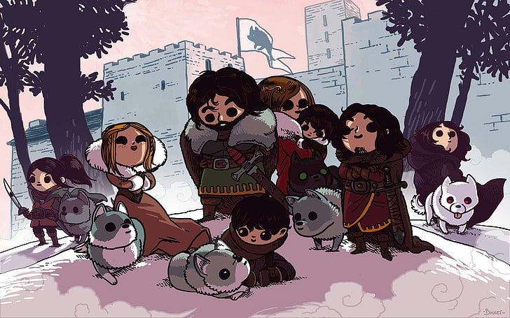 eight characters surrounded by wolves illustration, Game of thrones