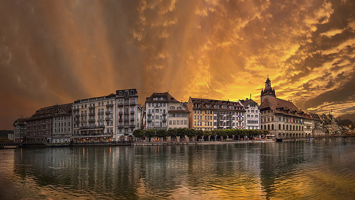 Sunset Golden Sky Over The City Lucerne In Switzerland Desktop Hd Wallpapers For Mobile Phones And Computer 3840×2160