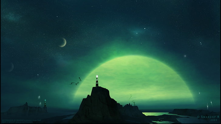 lighthouse on mountain painting, fantasy art, night, artwork