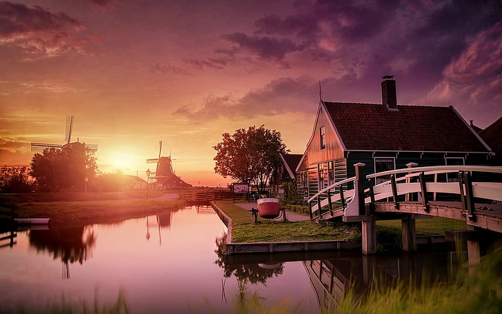 bridge and house illustration, nature, landscape, Netherlands, HD wallpaper