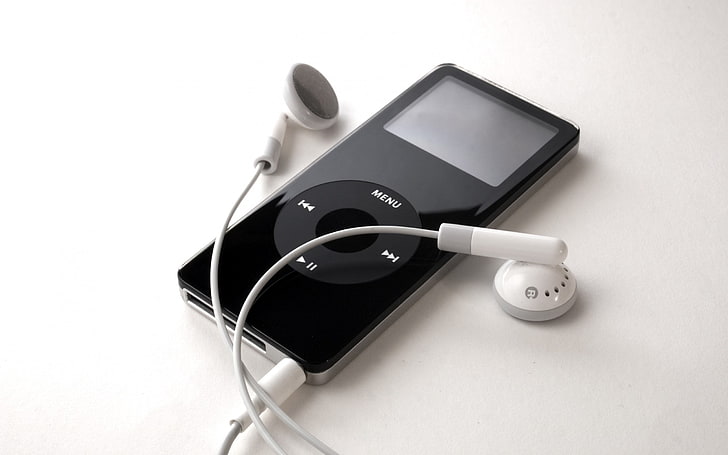 2nd gen. black iPod nano, Apple, headphones, technology, music, HD wallpaper
