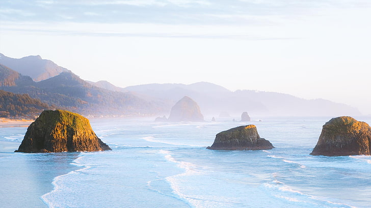 islets on coast wallpaper, Ecola State Park, Oregon, Pacific Ocean
