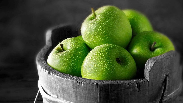 fruit, granny smith, green apple, drops, water drops, monochrome photography, HD wallpaper
