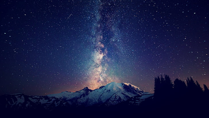 white and black mountain, sky, stars, mountains, trees, night, HD wallpaper