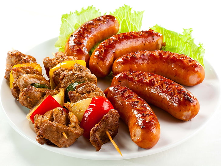 sausage and skewered meat, food, kebabs, food and drink, plate, HD wallpaper