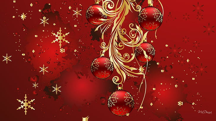 Christmas Crimson, decorations, glitter, stars, snowflakes, balls, HD wallpaper