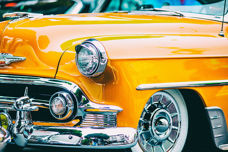 yellow classic car, Chrome  yellow, America, Bay Area, Bel Air  California