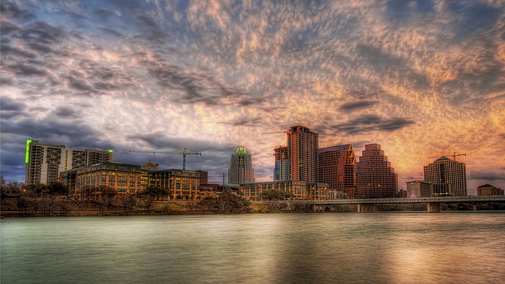 cityscape of building near body of water, river, HDR, clouds, HD wallpaper