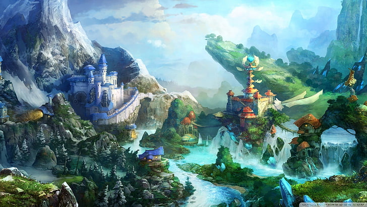 blue and white castle painting, colorful, fantasy art, water
