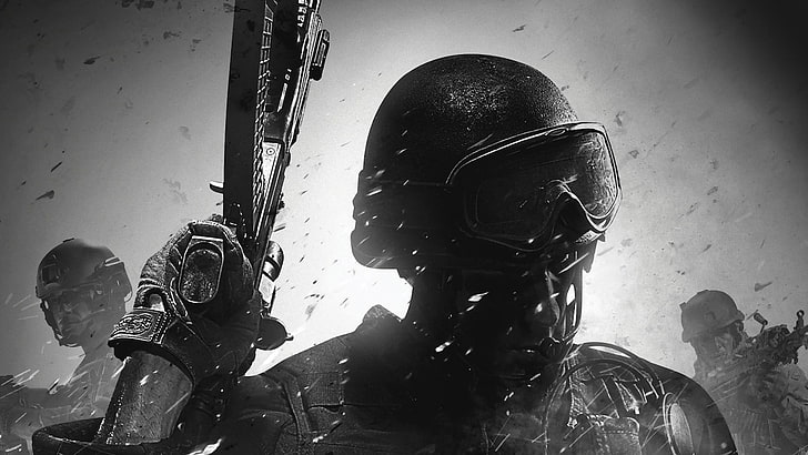 man holding gun digital wallpaper, video games, monochrome, weapon, HD wallpaper