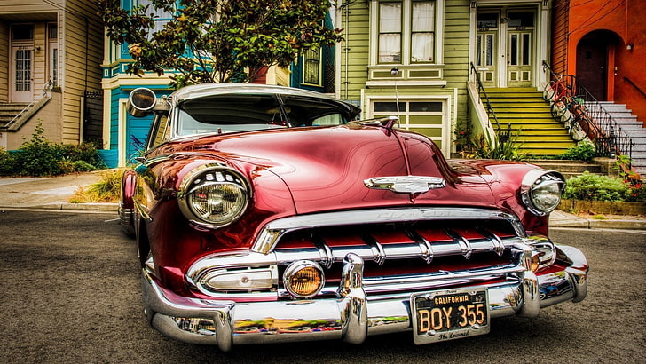 Chevrolet, vintage, car, Oldtimer, red cars, vehicle, trees, HD wallpaper
