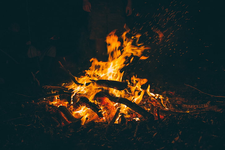 flame, fire, campfire, dark, bonfire, burning, firewood, HD wallpaper