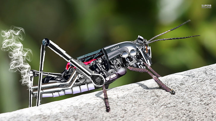 black robot grasshopper, insect, digital art, Yamaha, smoke, focus on foreground