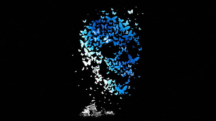 blue and white human skull illustration, Butterfly, Child, Sake