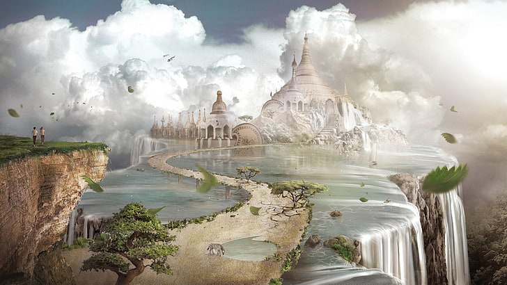 dreamy world, fantasy castle, waterfalls, clouds, fantasy art, HD wallpaper