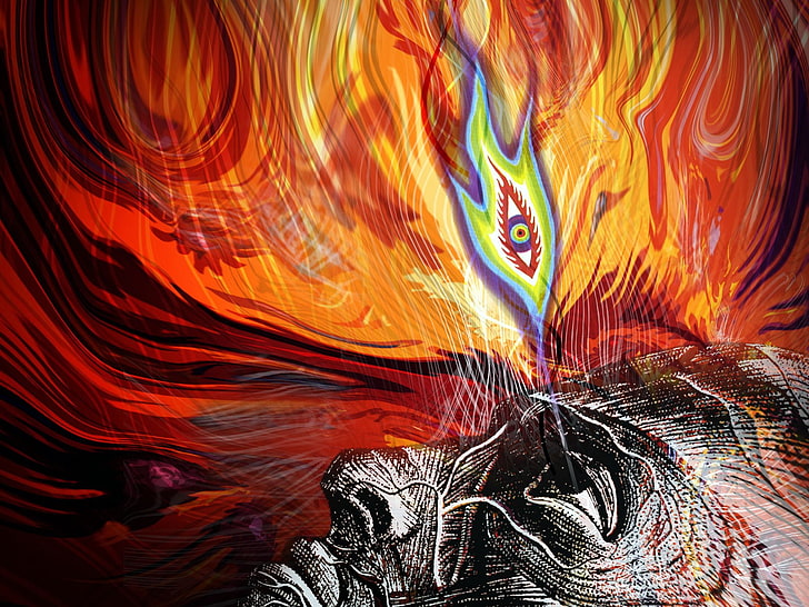flame with eyes and man digital artwork, psychedelic, Tool, multi colored