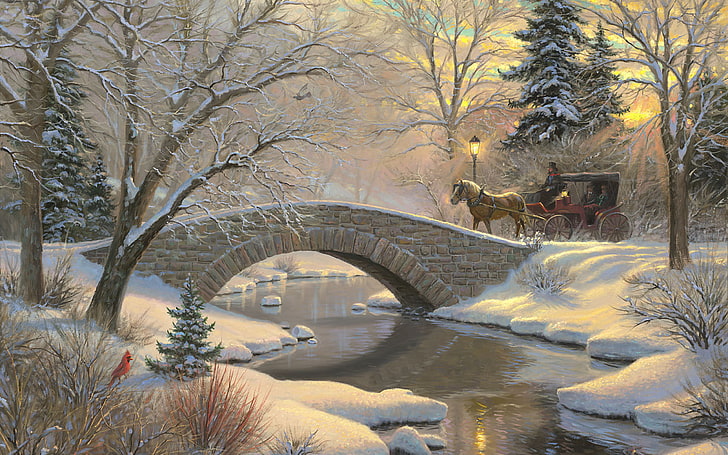 horse pulling a wagon through a bridge painting, winter, forest