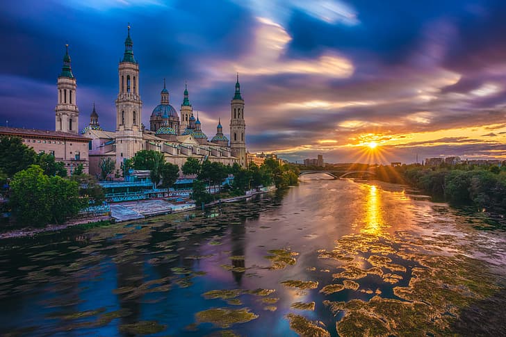 sunset, river, temple, Spain, Zaragoza, Basílica de Nuestra Señora del Pilar, HD wallpaper