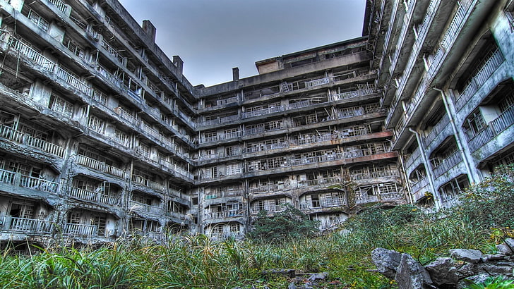gray and brown concrete building, abandoned, Hashima Island in Japan