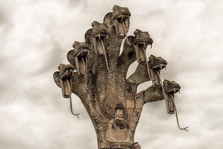 religious person statue, photography, architecture, snake, Buddha