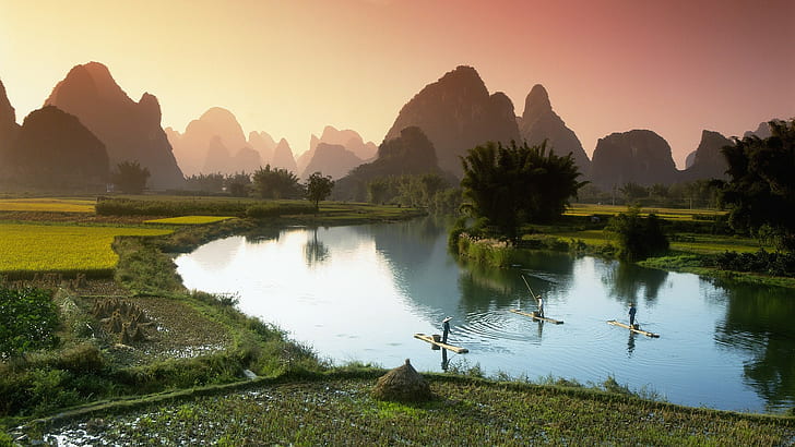 river, Asia, hills, trees, sky, water, nature, Vietnam, boat, HD wallpaper