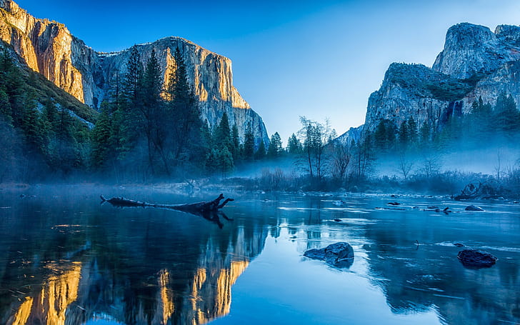 mist, reflection, Yosemite Valley, trees, California, river, HD wallpaper
