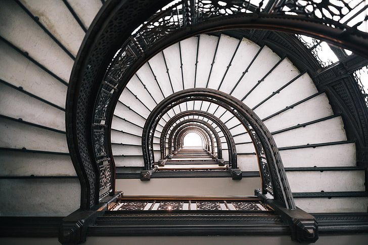 black and white spiral stairs, architecture, stairway, Hannan Hussain, HD wallpaper
