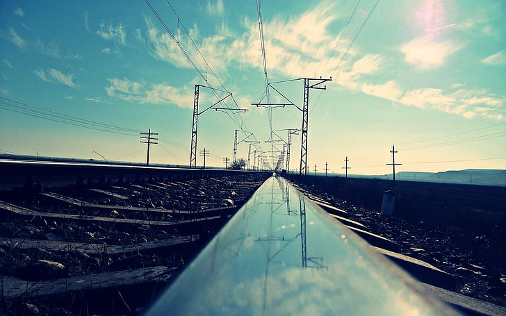 railway, sky, technology, electricity, cable, connection, transportation, HD wallpaper
