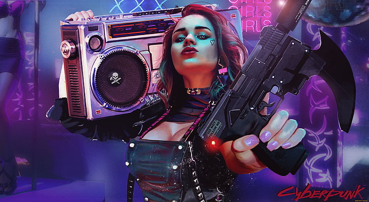 woman carrying boombox and pistol graphic wallpaper, artwork