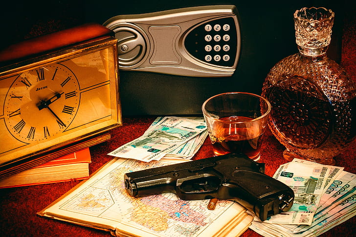 gun, table, watch, books, bottle, money, cartridge, stack, Atlas, HD wallpaper