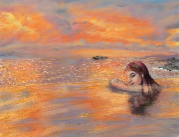 anime mermaid, modern impressionism, fauvism, nature, painting
