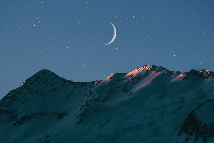 mountain wallpaper, mountains, snow, stars, Moon, nature, night, HD wallpaper