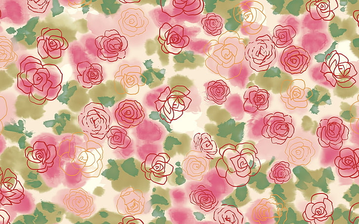 pink and green floral wallpaper, flowers, roses, drawing, light