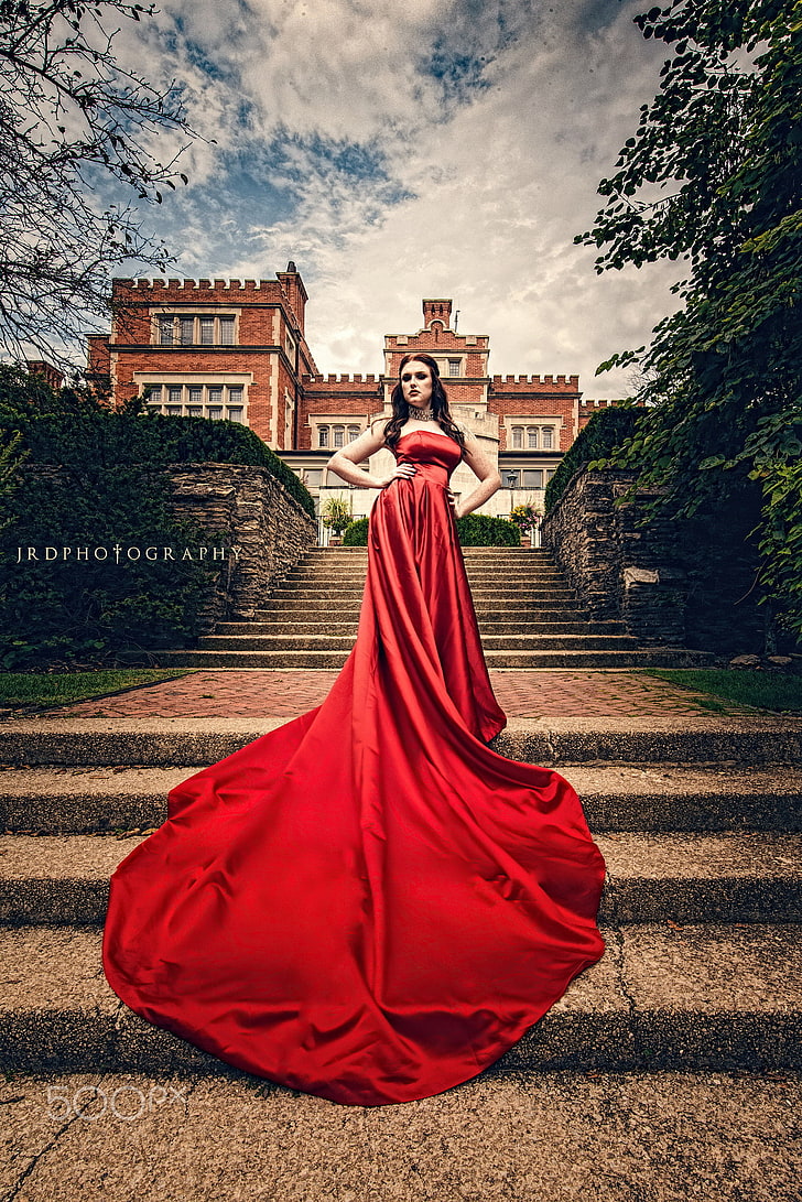 women, red dress, fantasy girl, JRD Photography, 500px, architecture, HD wallpaper
